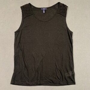 Gap‎ Women's Tank Top Black Crochet Detail Linen Blend Casual Sleeveless Shirt